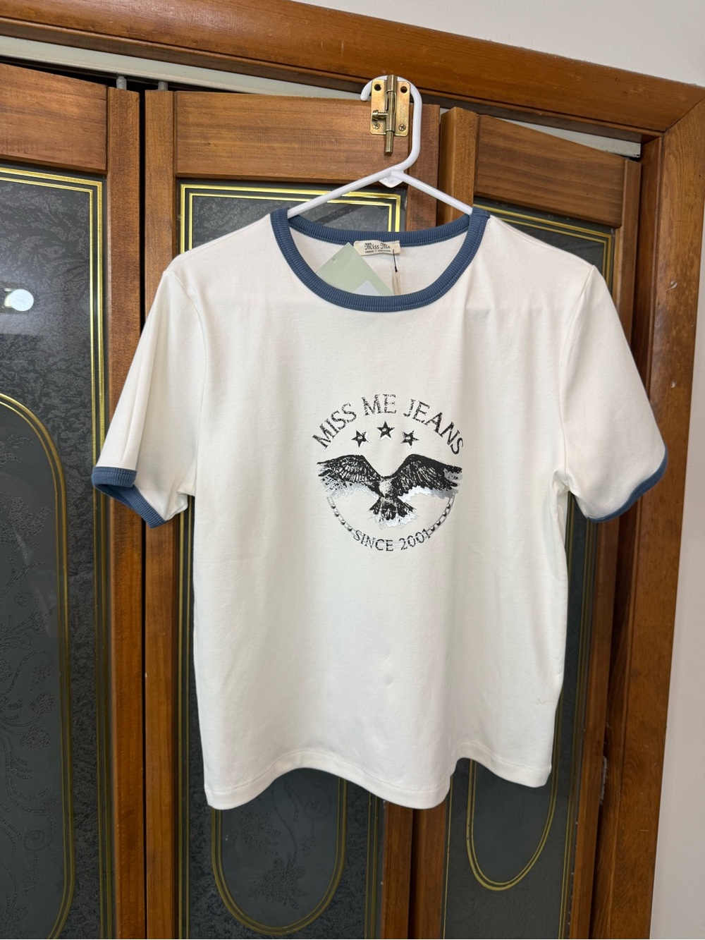 Ladies MISS ME White Ringer Tee with Blue Trim, BRAND NEW
